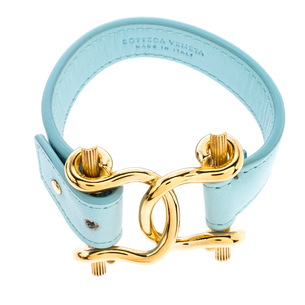 

Bottega Veneta Blue Nappa Leather Gold Plated Sterling Silver Horsebit Bracelet
