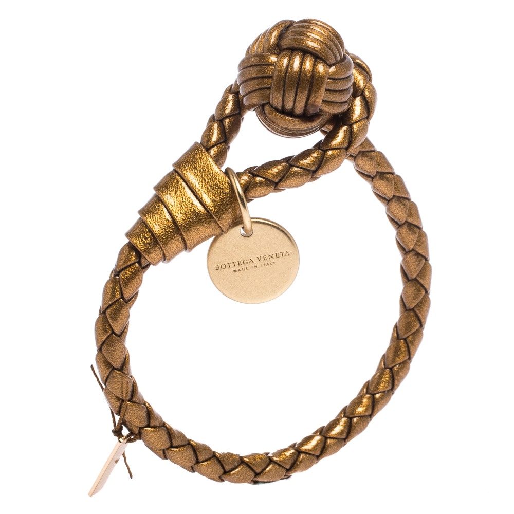 

Bottega Veneta Gold Laminated Effect Leather Intrecciato Bracelet