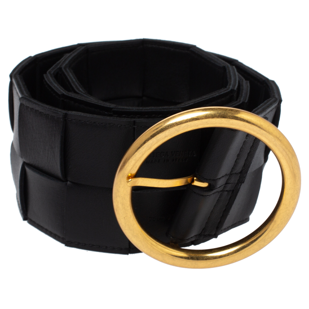 

Bottega Veneta Black Orthogonal Maxi Weave Leather Circular Buckle Belt Size