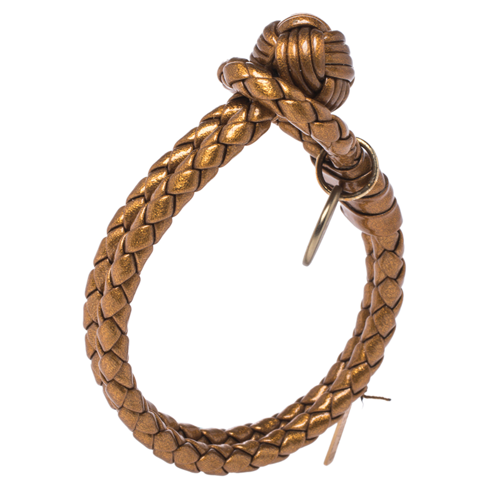 

Bottega Veneta Bronze Gold Leather Double Strand Intrecciato Bracelet