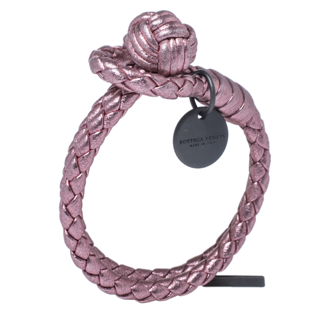 

Bottega Veneta Metallic Pink Intrecciato Leather Double Row Knot Bracelet