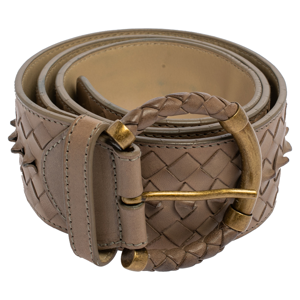

Bottega Veneta Beige Intrecciato Leather Round Buckle Waist Belt