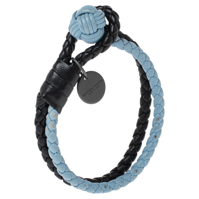 

Bottega Veneta Blue & Black Intrecciato Leather Double Knot Bracelet