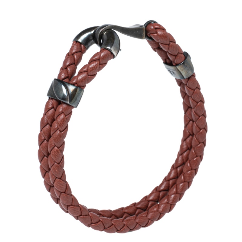 

Bottega Veneta Brown Intrecciato Leather Sterling Silver Hook Bracelet