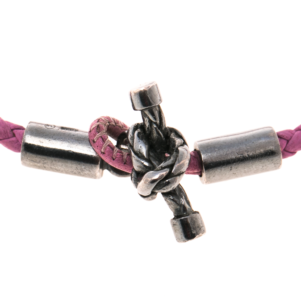 

Bottega Veneta Pink Intrecciato Leather Silver Knot Bracelet