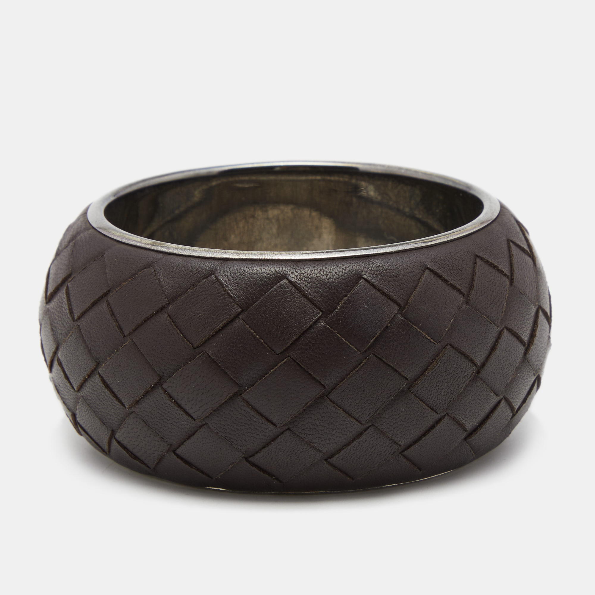 

Bottega Veneta Intercciato Brown Leather Sterling Silver Bangle Bracelet