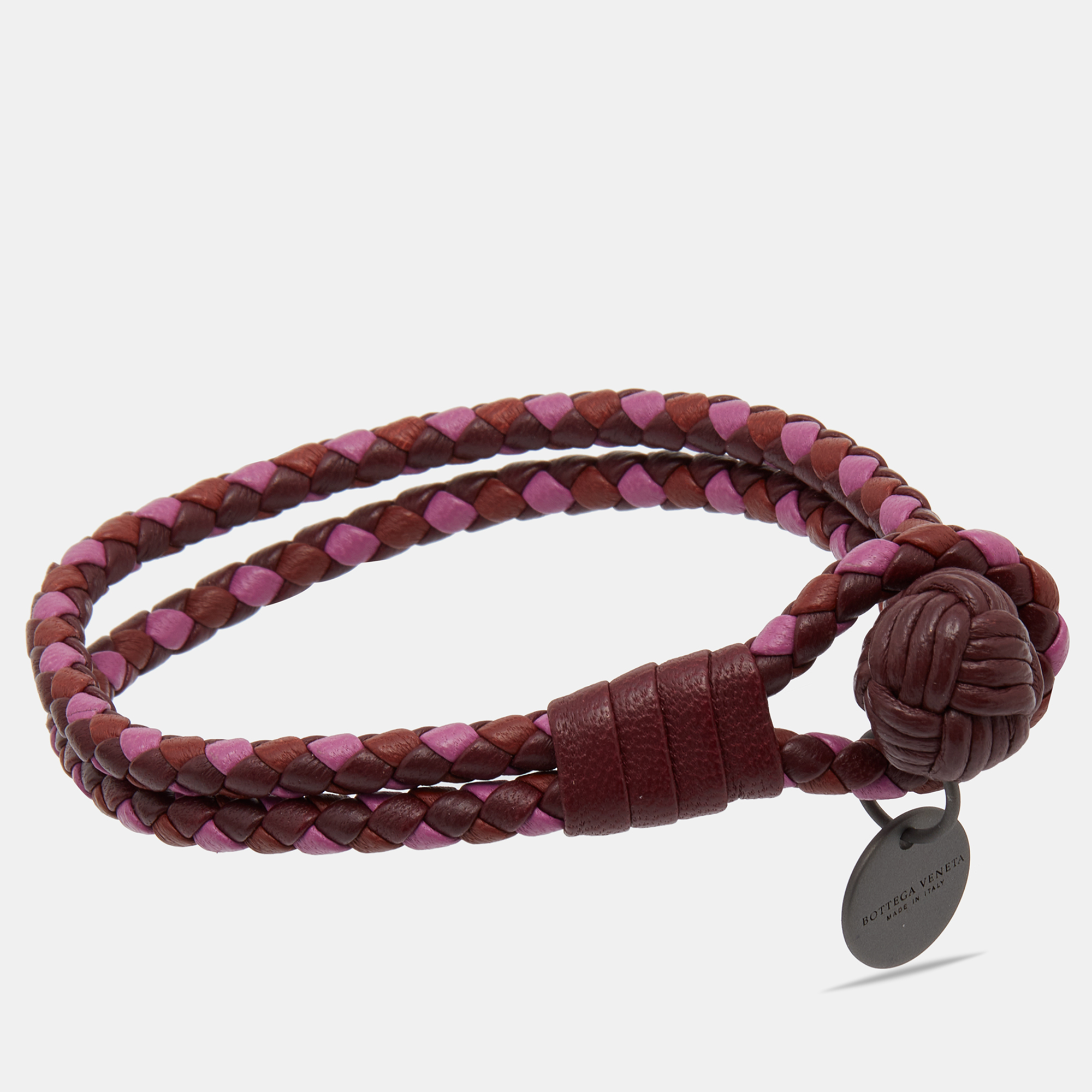 

Bottega Veneta Three Tone Intrecciato Leather Double Strand Knot Bracelet, Burgundy