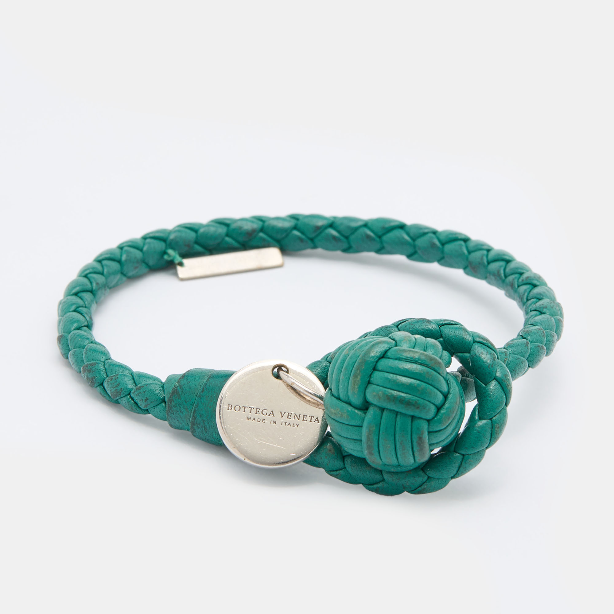 Pre-owned Bottega Veneta Green Intrecciato Leather Knot Bracelet S
