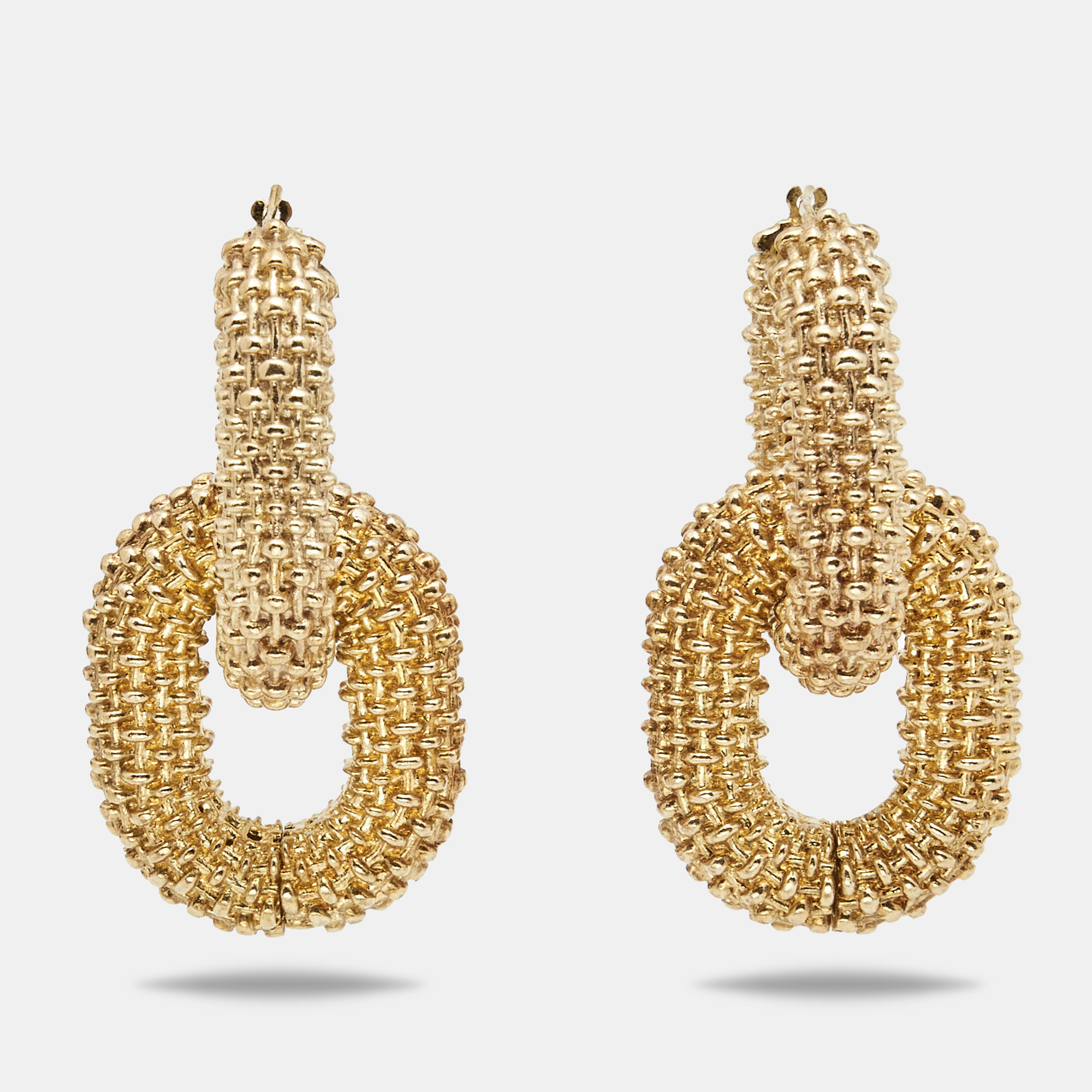 Pre Owned Bottega Veneta Double Hoop Gold Tone Drop Earrings