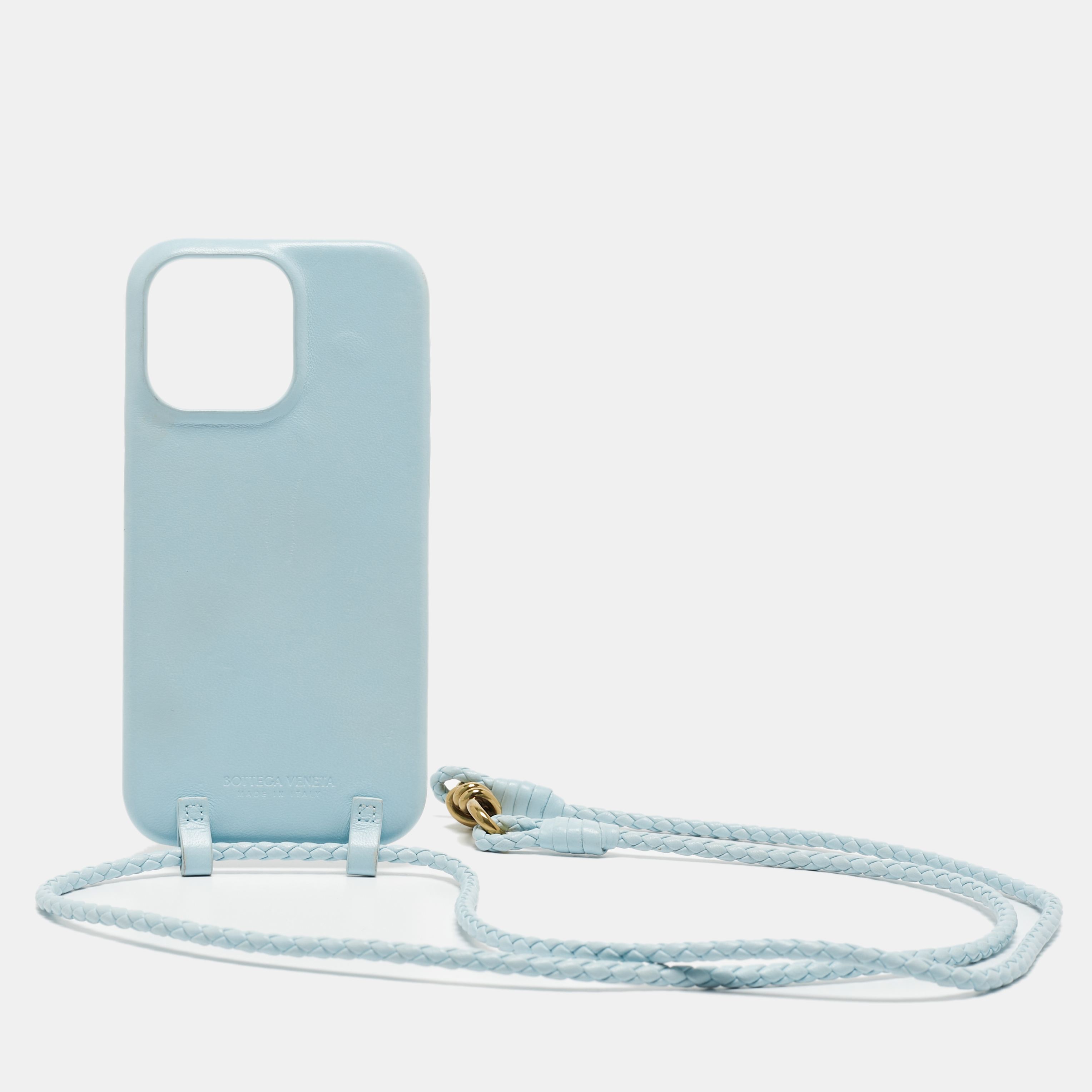 Pre Owned Bottega Veneta Light Blue Leather iPhone 14 Pro Max Andiamo Strap Case