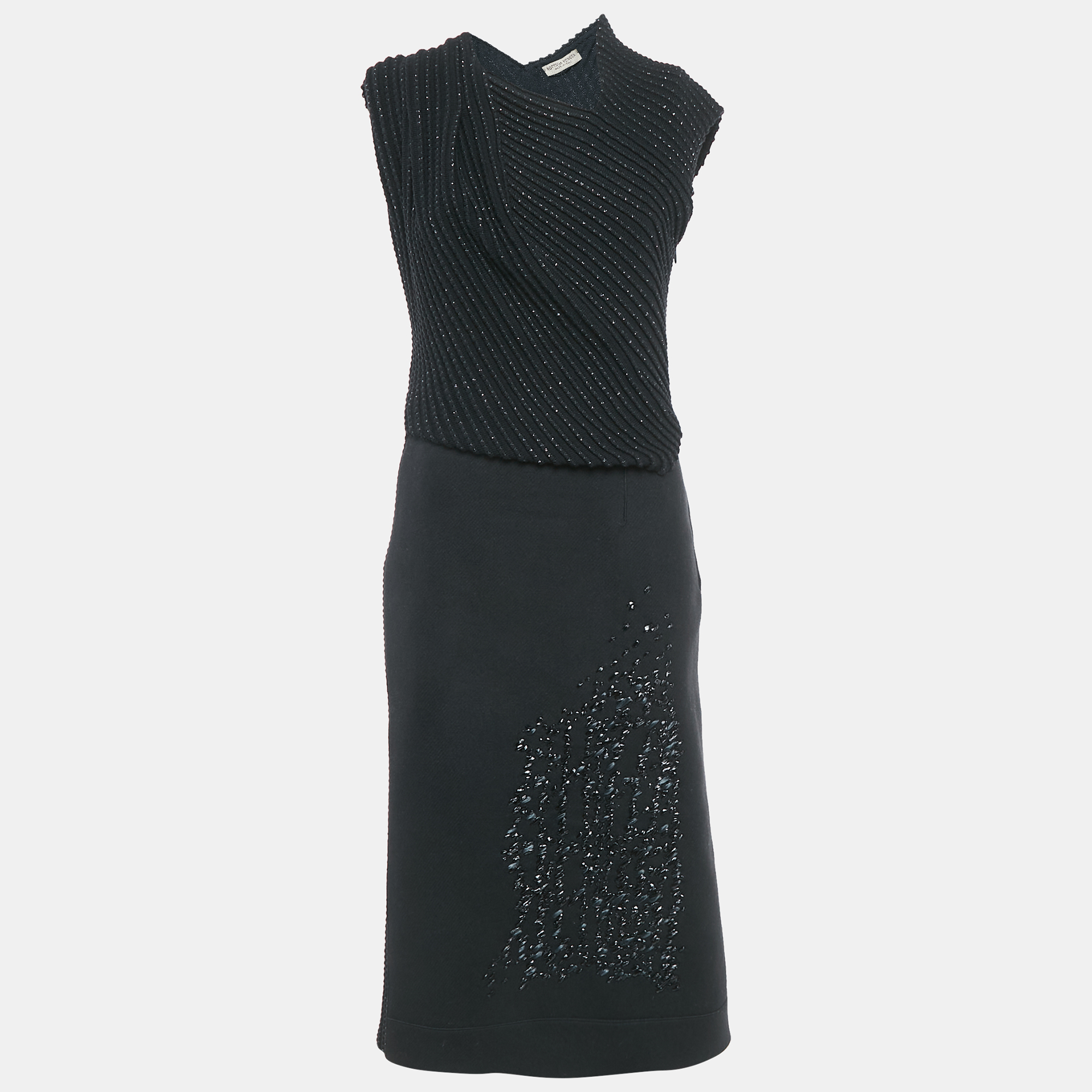 

Bottega Veneta Black Wool & Patterned Knit Sleeveless Midi Dress M