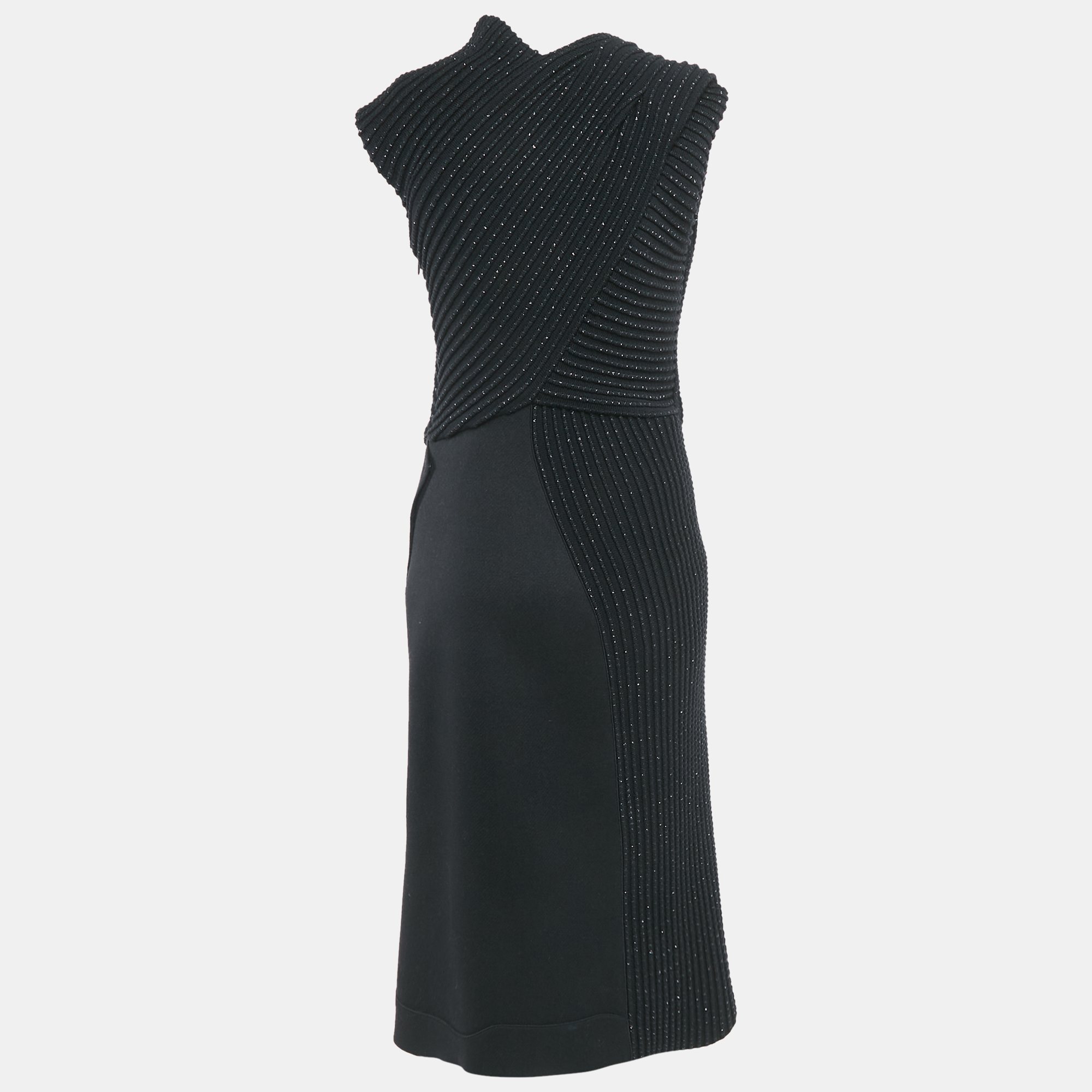 Bottega Veneta Black Wool & Patterned Knit Sleeveless Midi Dress M 