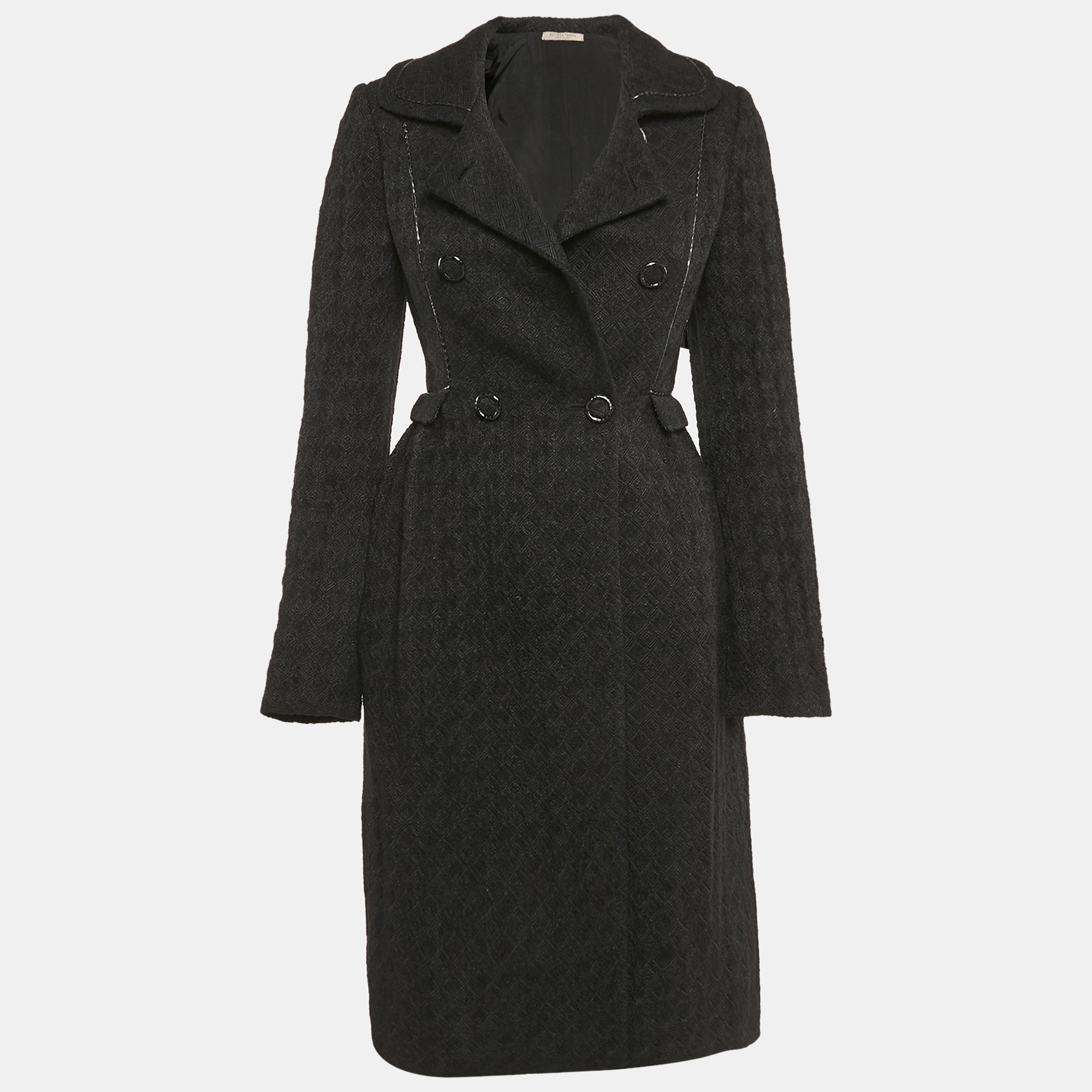 

Bottega Veneta Black Jacquard Wool Blend Double Breasted Coat S