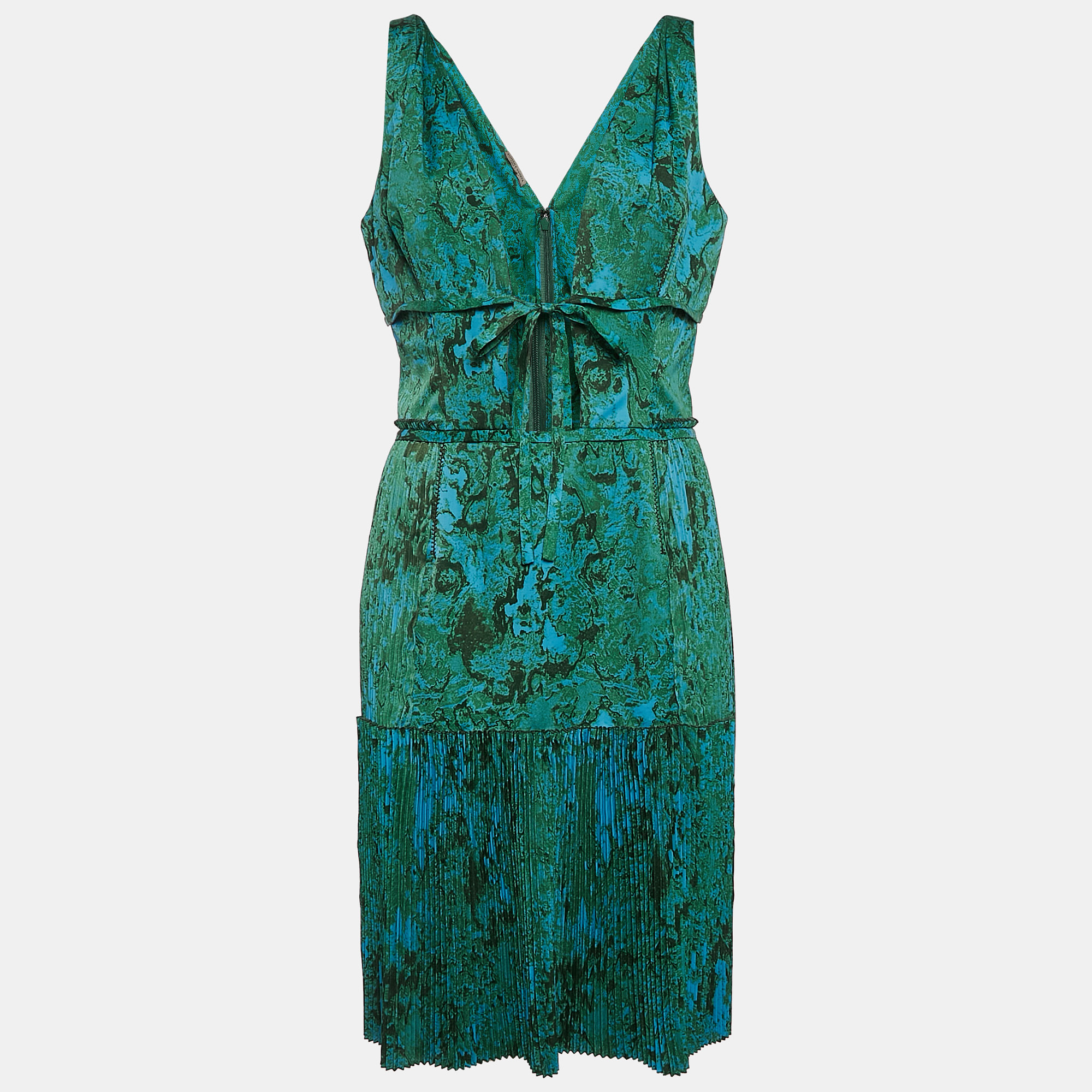 

Bottega Veneta Blue/Green Marble Print Satin Plisse Short Dress M