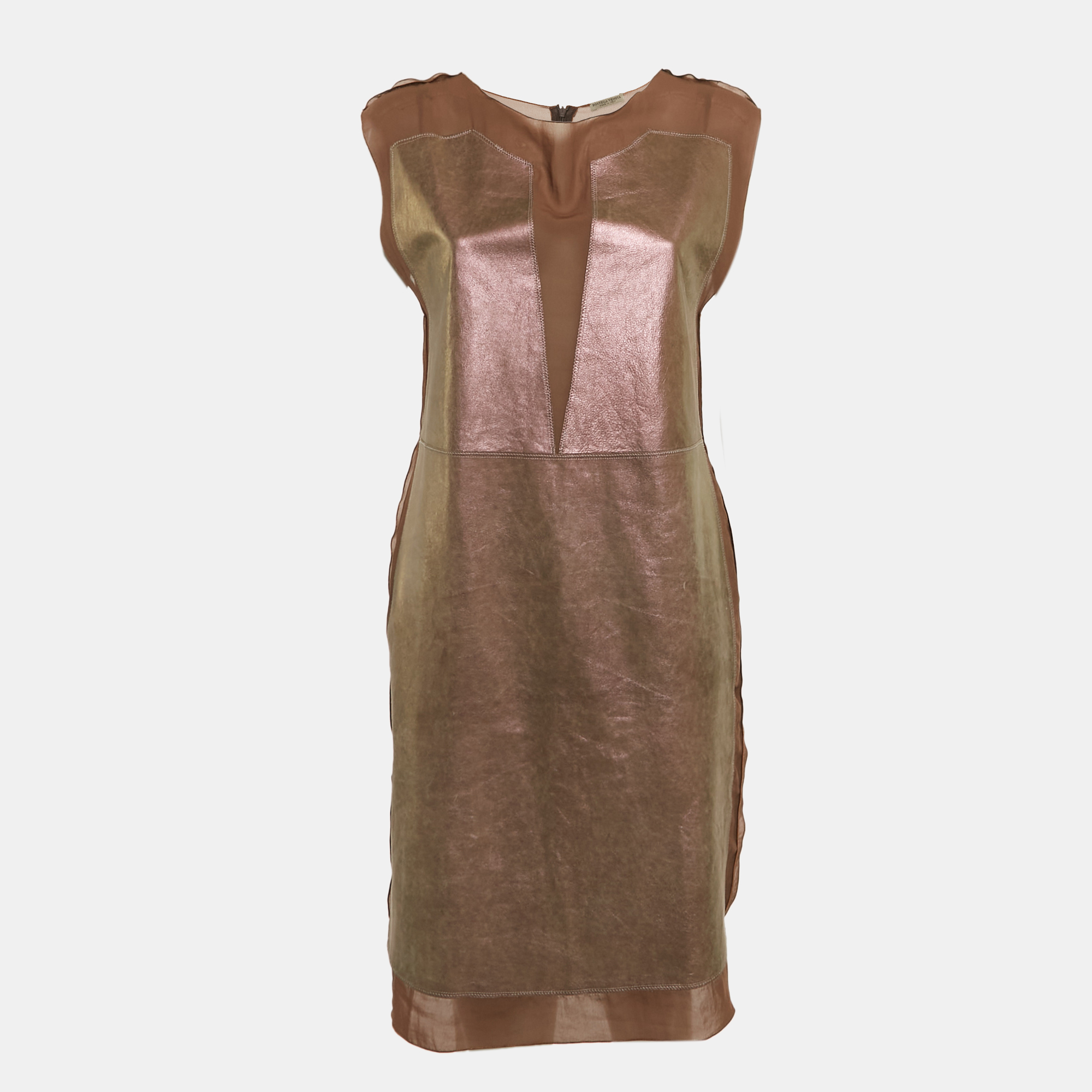 

Bottega Veneta Brown Leather Round Neck Sleeveless Short Dress S