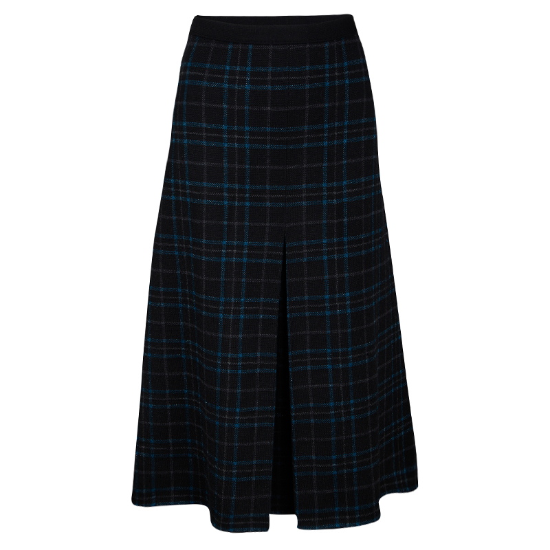 Pre Owned Bottega Veneta Fall'16 RTW Black Wool Metallic Plaid Pleated Midi Skirt L