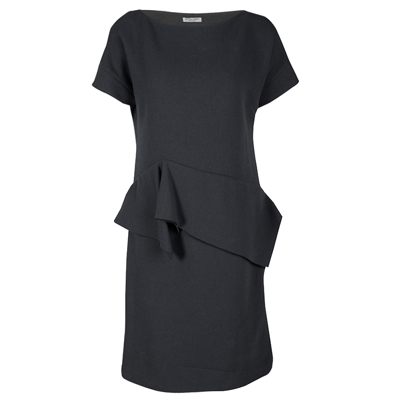 Pre Owned فستان بوتيغا فينيتا صوف كريب رصاصي بكشكشة مزينة أكمام قصيرة M