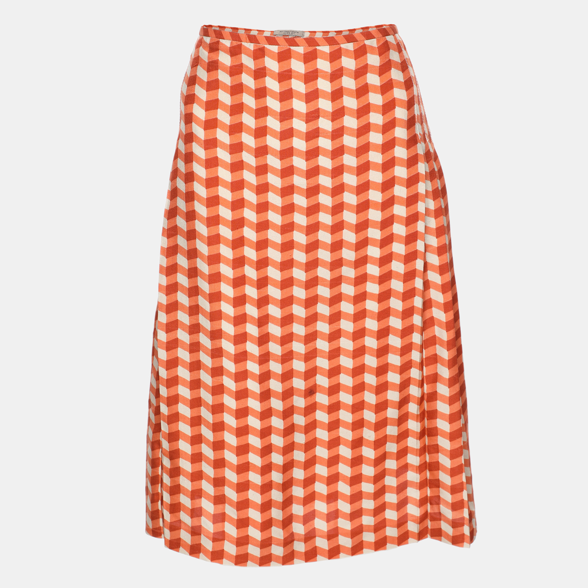 

Bottega Veneta Orange Pattern Silk Midi Skirt M