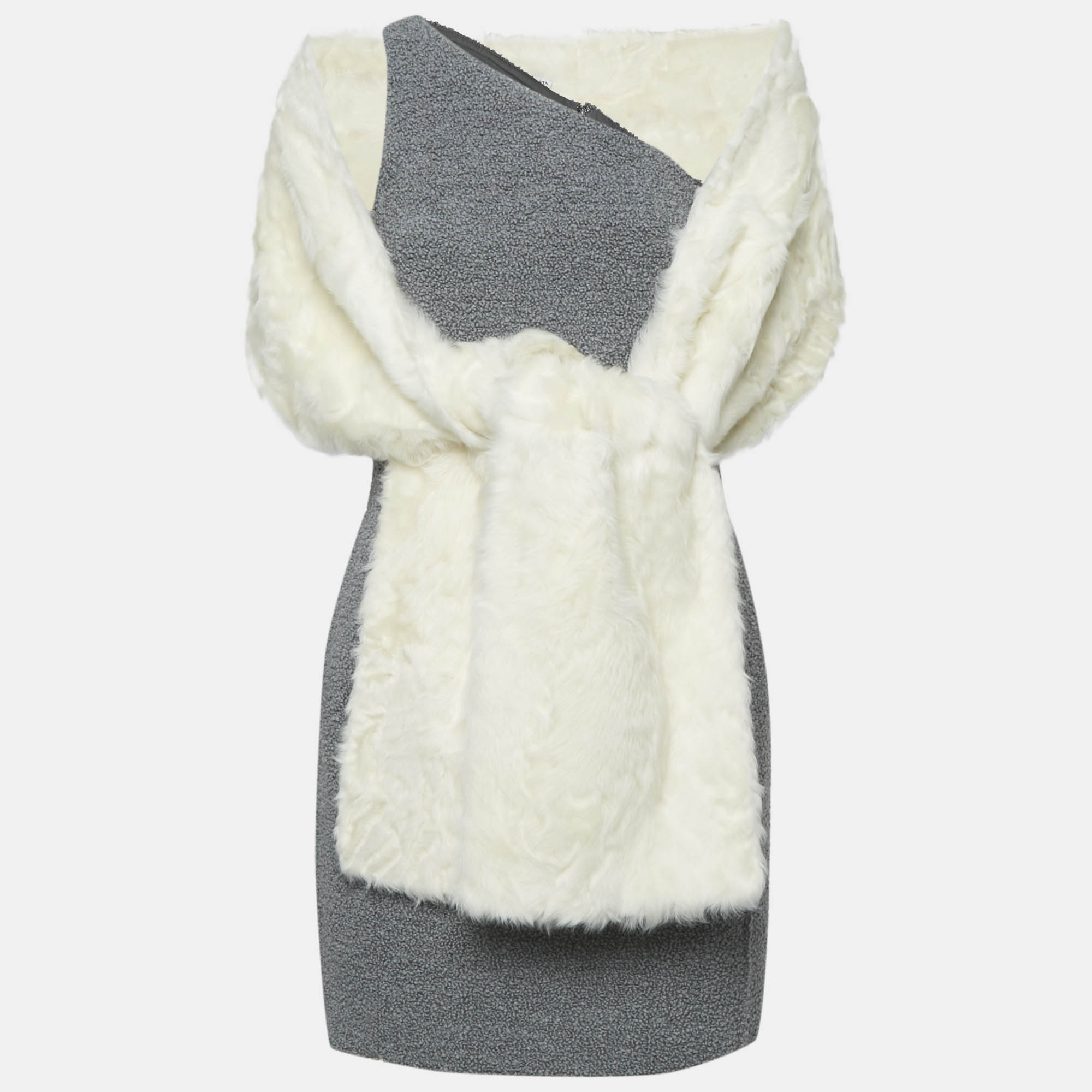 

Bottega Veneta Grey Shearling One Shoulder Mini Dress S With Wool Fur Scarf