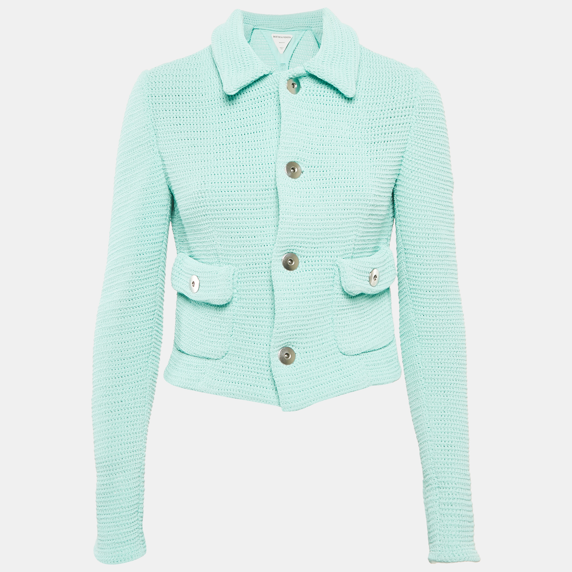 

Bottega Veneta Mint Blue Patterned Cotton Blend Button Front Jacket L