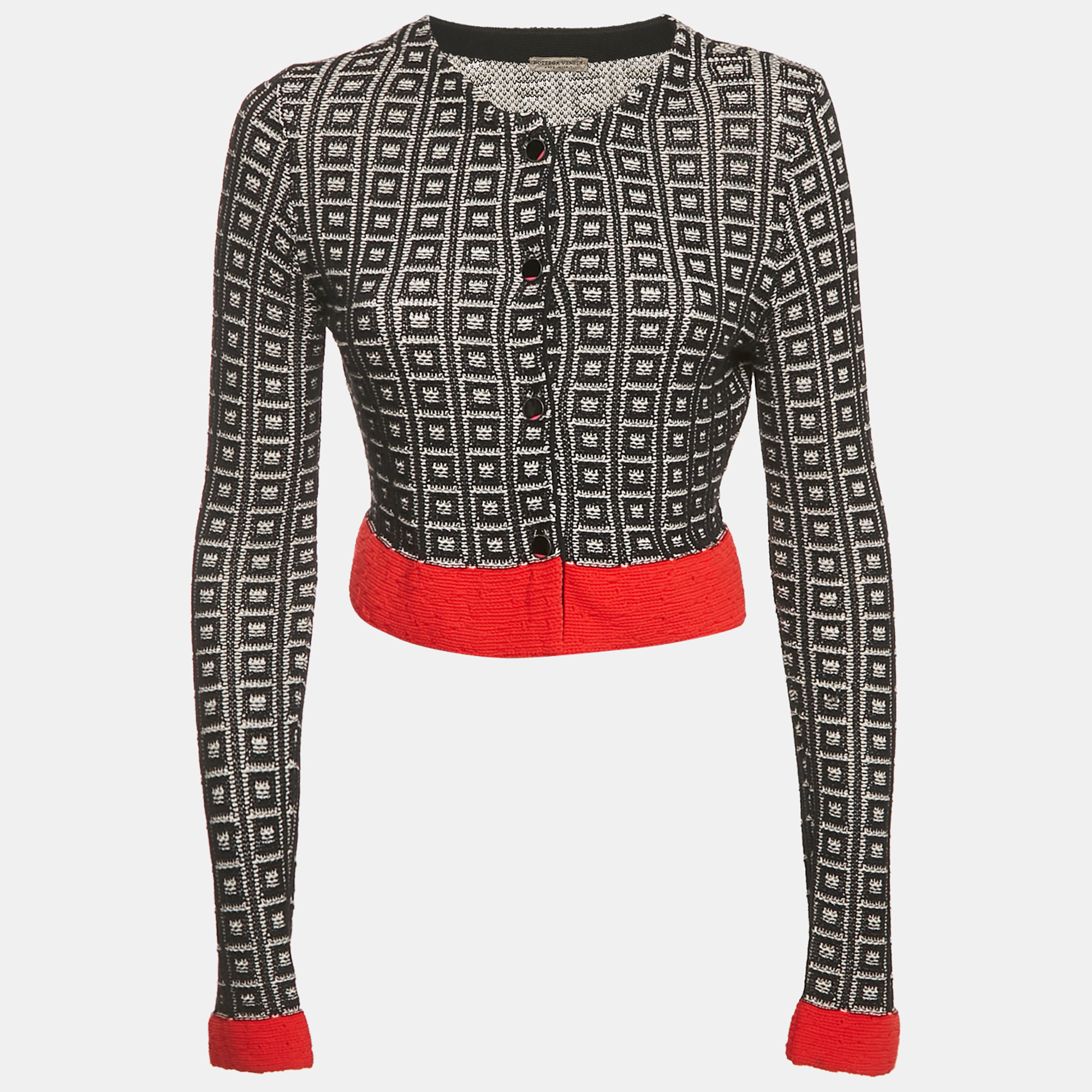

Bottega Veneta Black Geometric Cotton Knit Crop Cardigan S