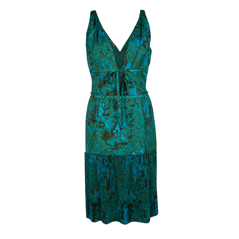 Pre Owned Bottega Veneta Blue and Green Printed Plisse Tie Detail Sleeveless Dress M