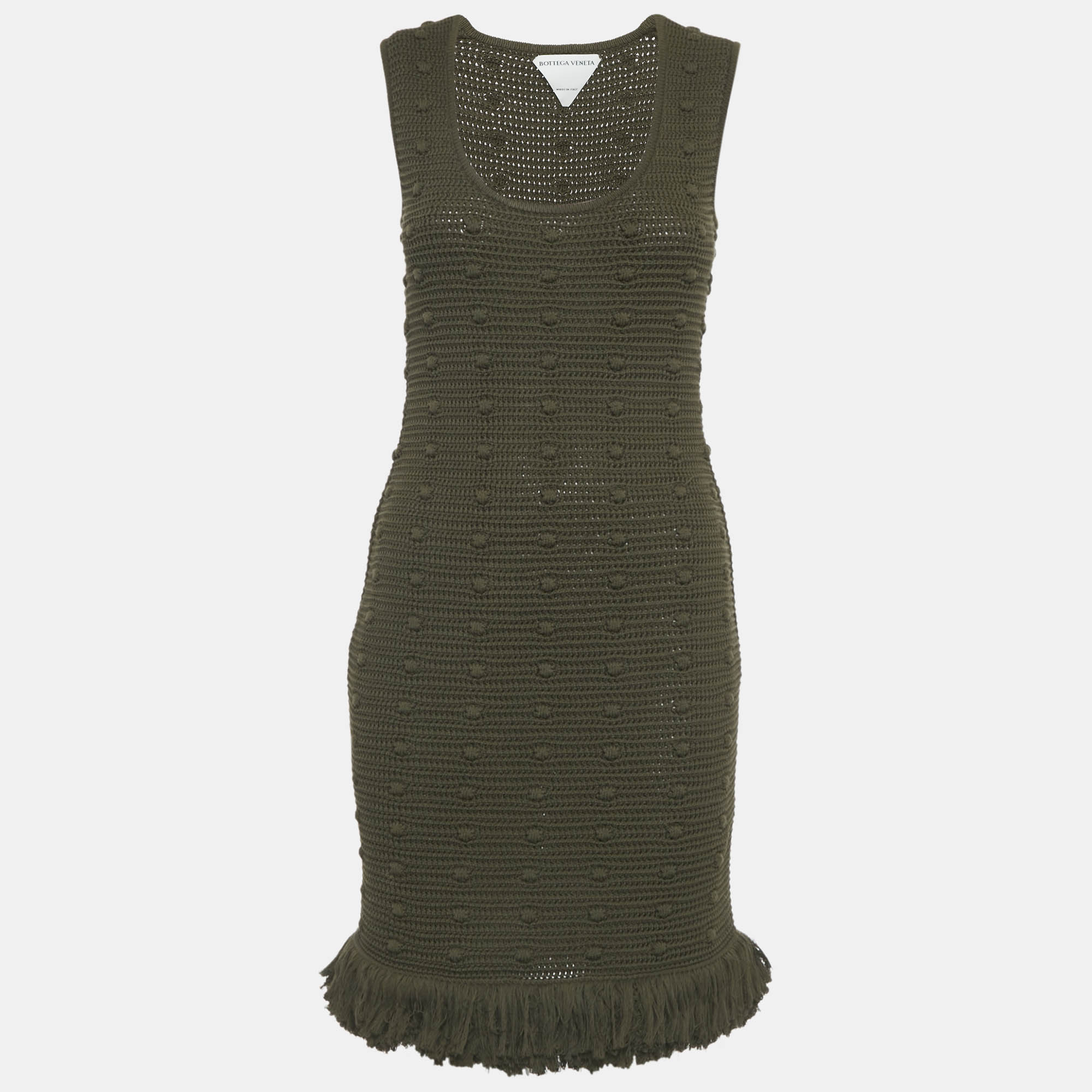 Pre-owned Bottega Veneta Olive Green Crochet Fringe Detail Mini Dress Xs