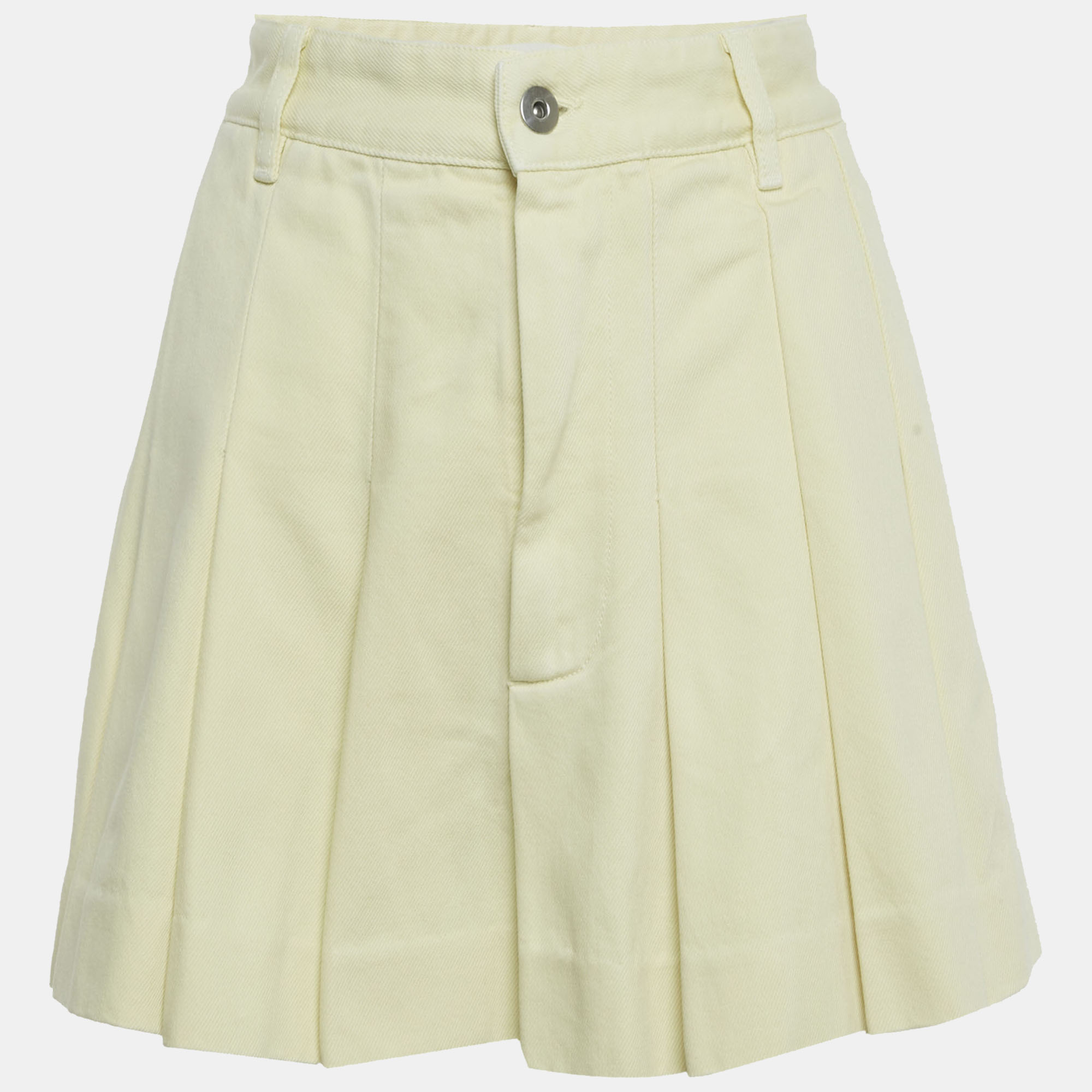 Pre-owned Bottega Veneta Cream Denim Pleated Mini Skirt S In Yellow
