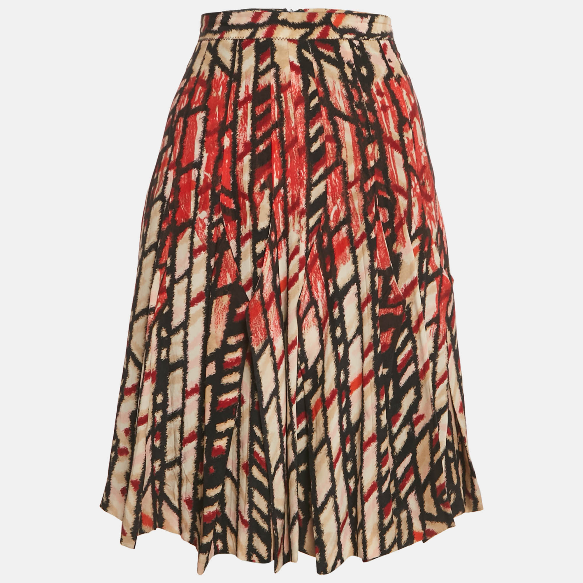 Pre-owned Bottega Veneta Cream/red Printed Silk Knee-length Skirt S In White