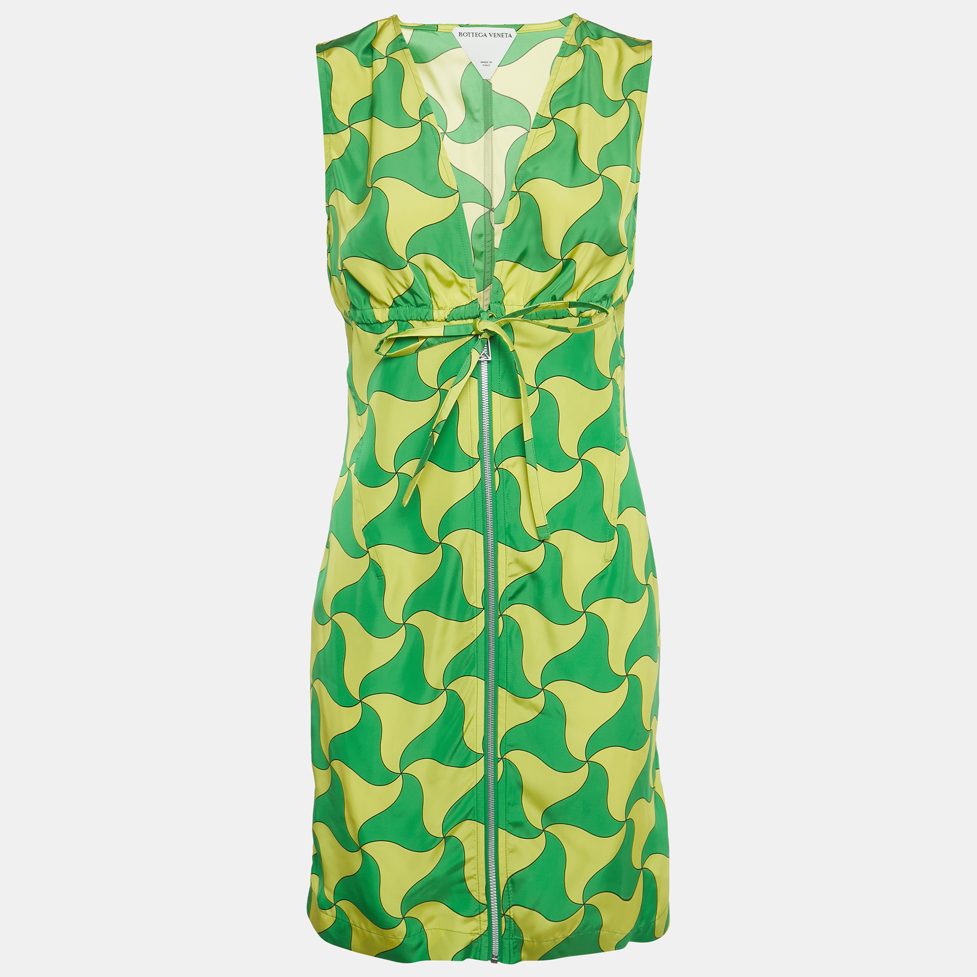 Bottega Veneta Green/Yellow Wavy Triangle Print Parachute Silk Mini Dress S
