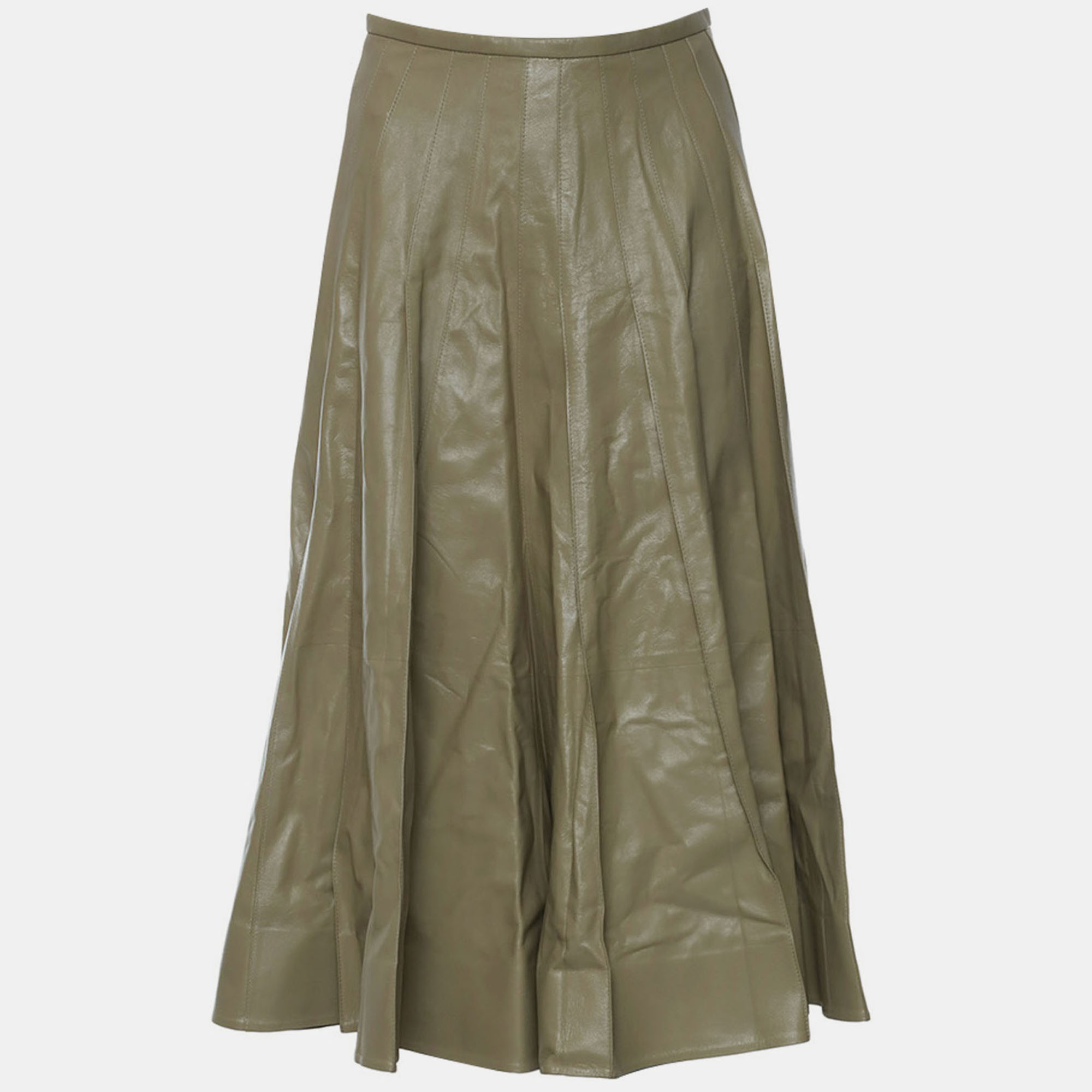 Pre-owned Bottega Veneta Pleated Leather Midi Skirt It 38 In Sand