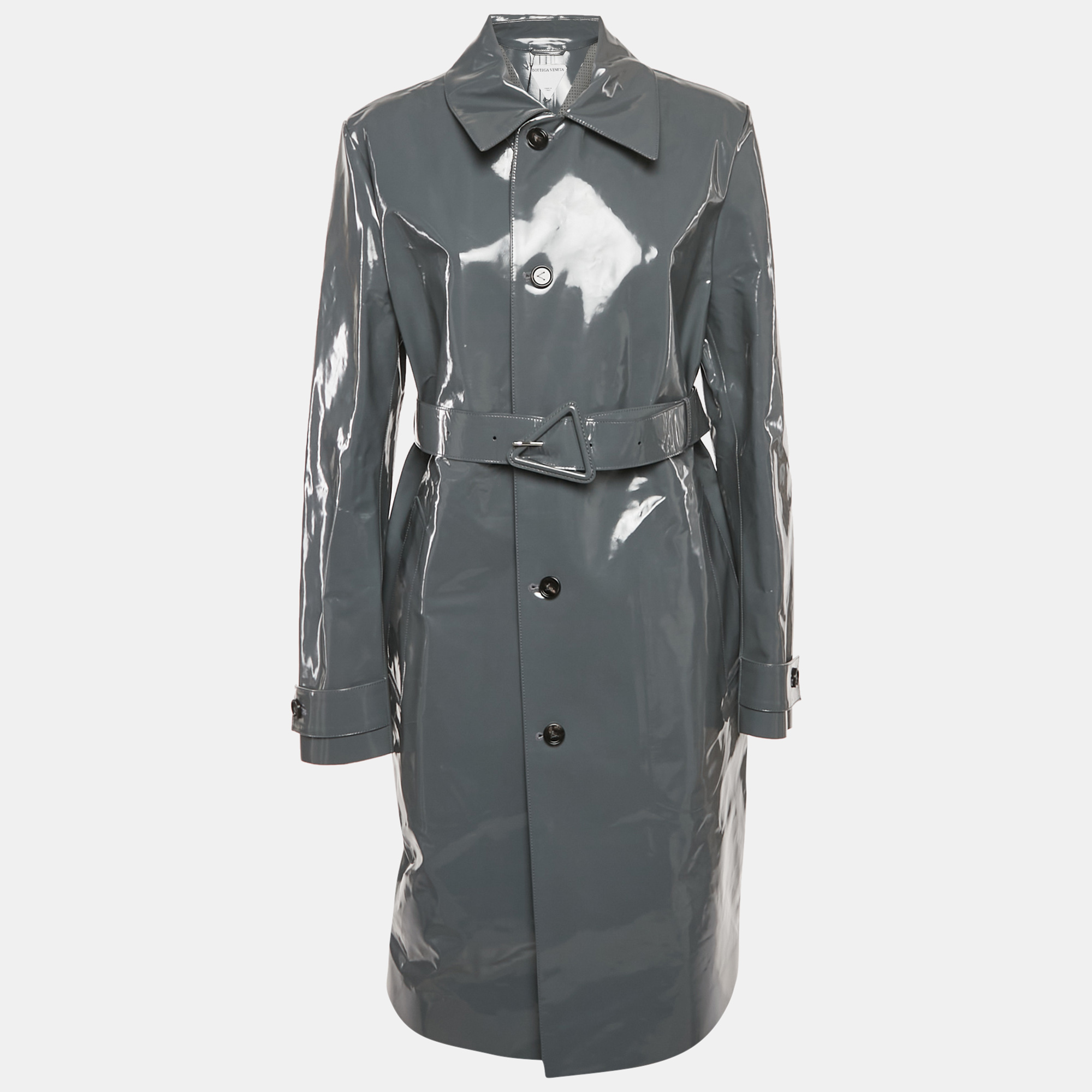 

Bottega Veneta Grey High Shine Leather Belted Trench Coat S