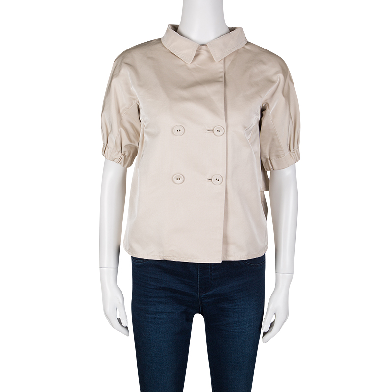 

Bottega Veneta Beige Cotton Silk Double Breasted Pleat Detail Short Sleeve Jacket