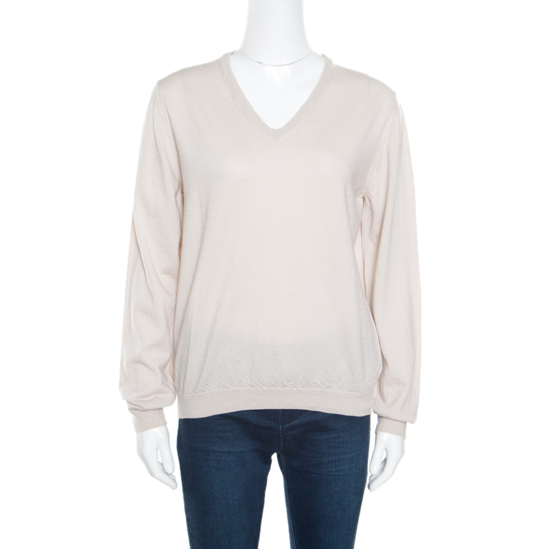 Pre Owned Bottega Veneta Cream Textured Wool V-Neck Sweater XL