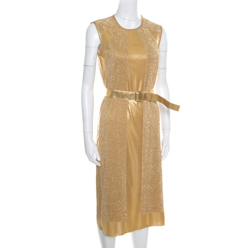 

Bottega Veneta Gold Jersey Lurex Paneled Sleeveless Belted Dress