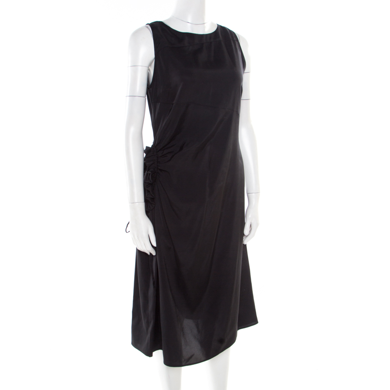 Pre-owned Bottega Veneta Black Asymmetric Ruffle Draped Sleeveless Shift Dress S