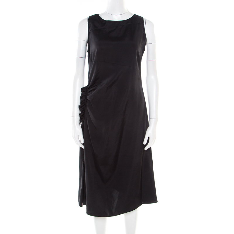 

Bottega Veneta Black Asymmetric Ruffle Draped Sleeveless Shift Dress