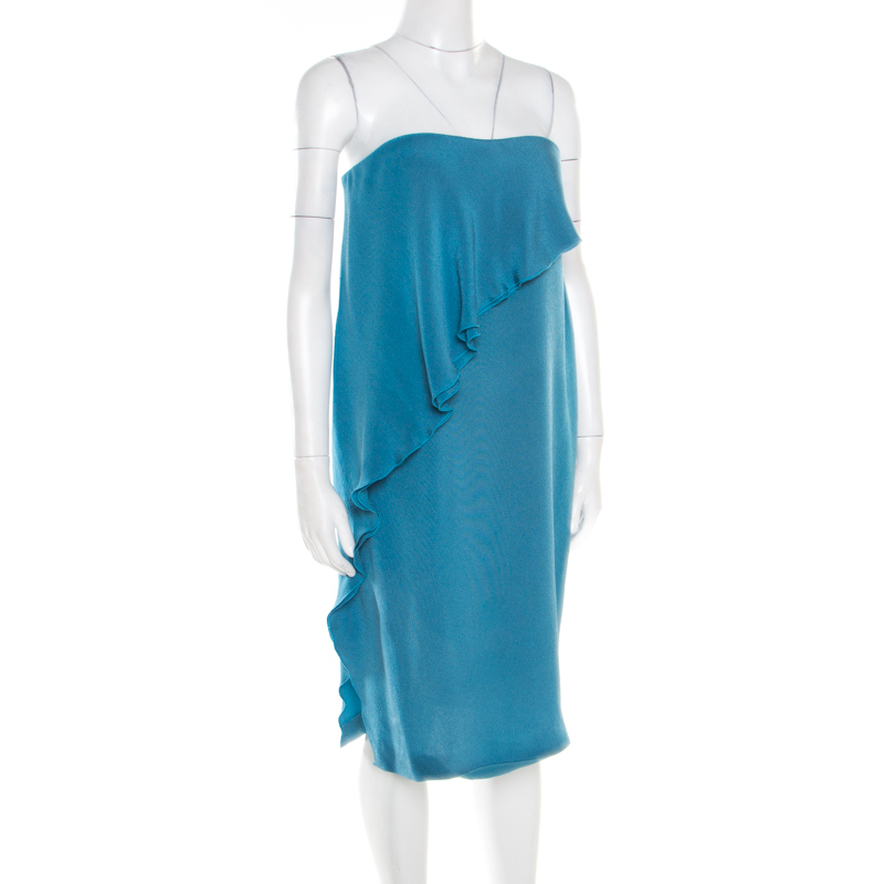 

Bottega Veneta Teal Blue Silk Ruffled Strapless Bustier Dress