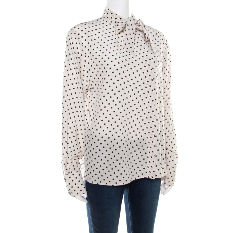 

Bottega Veneta Mist White and Black Polka Dotted Silk Neck Tie Detail Blouse