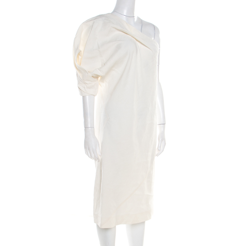 

Bottega Veneta Cream Linen Silk One Shoulder Shift Dress