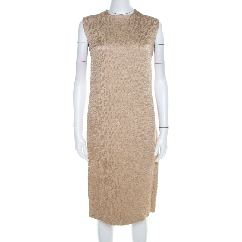 مملوكة مسبقًا Bottega Veneta Beige Textured Wool Sleeveless Shift Dress S 