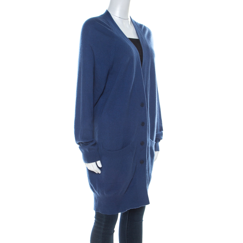 

Bottega Veneta Blue Cashmere Button Front Long Cardigan