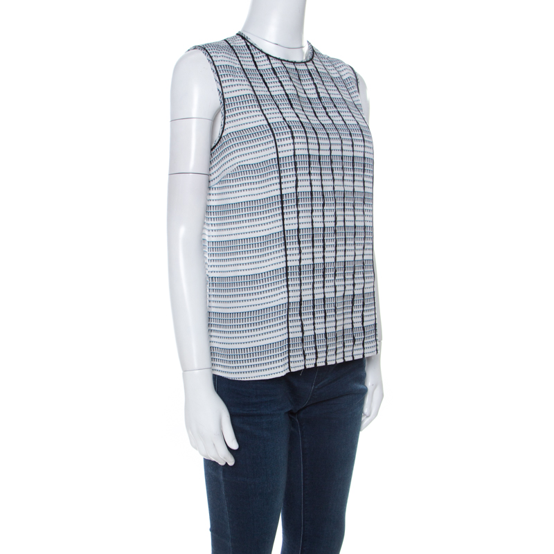 

Bottega Veneta Black White and Blue Geometric Printed Silk Sleeveless Top