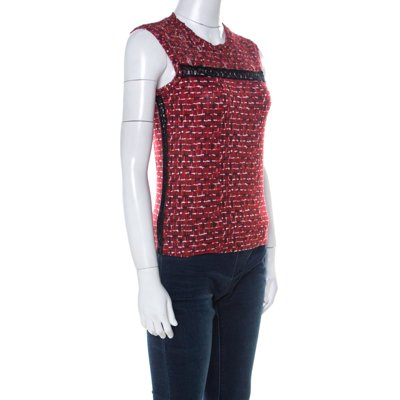 

Bottega Veneta Red Microsquare Printed Cotton and Lace Yoke Sleeveless Top