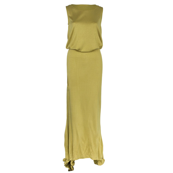 Pre Owned Bottega Veneta Yellow Jersey Belted Gown M
