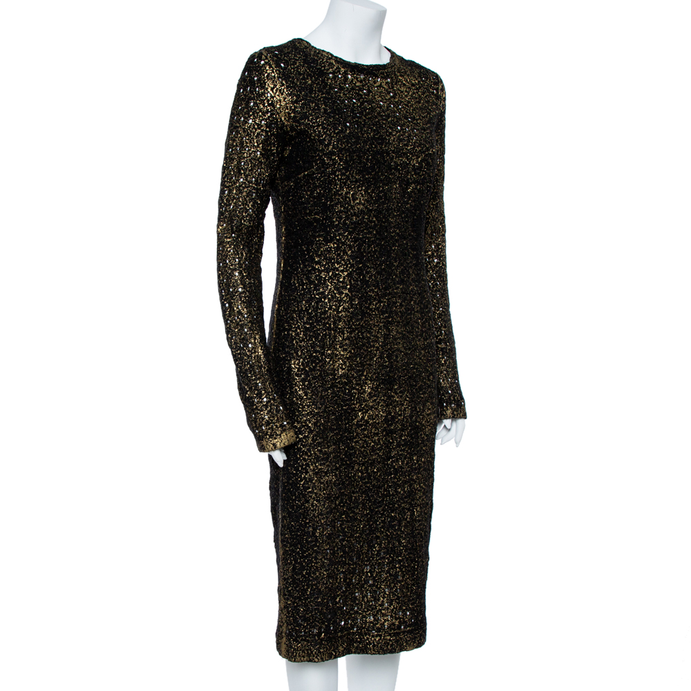 

Bottega Veneta Black Foil Print Wool Midi Sheath Dress