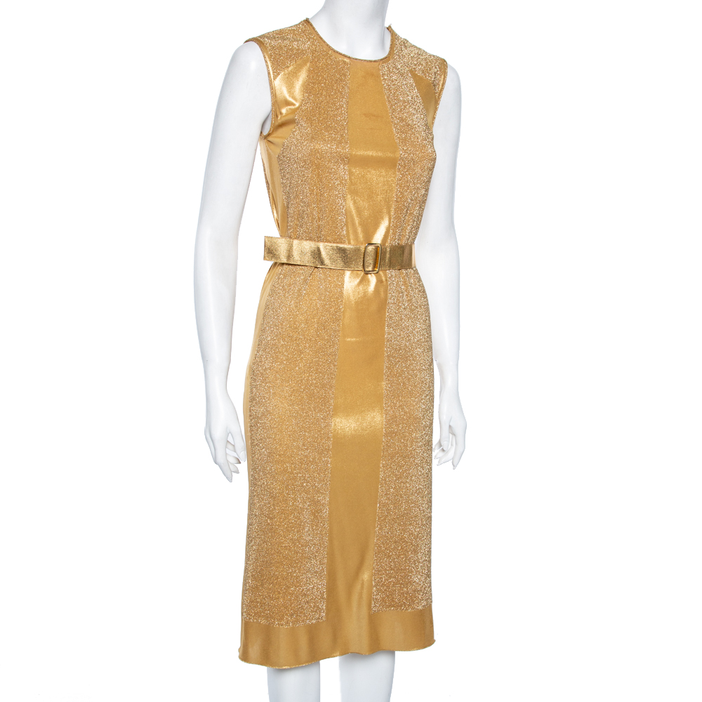 

Bottega Veneta Gold Jersey Lurex Paneled Sleeveless Belted Dress