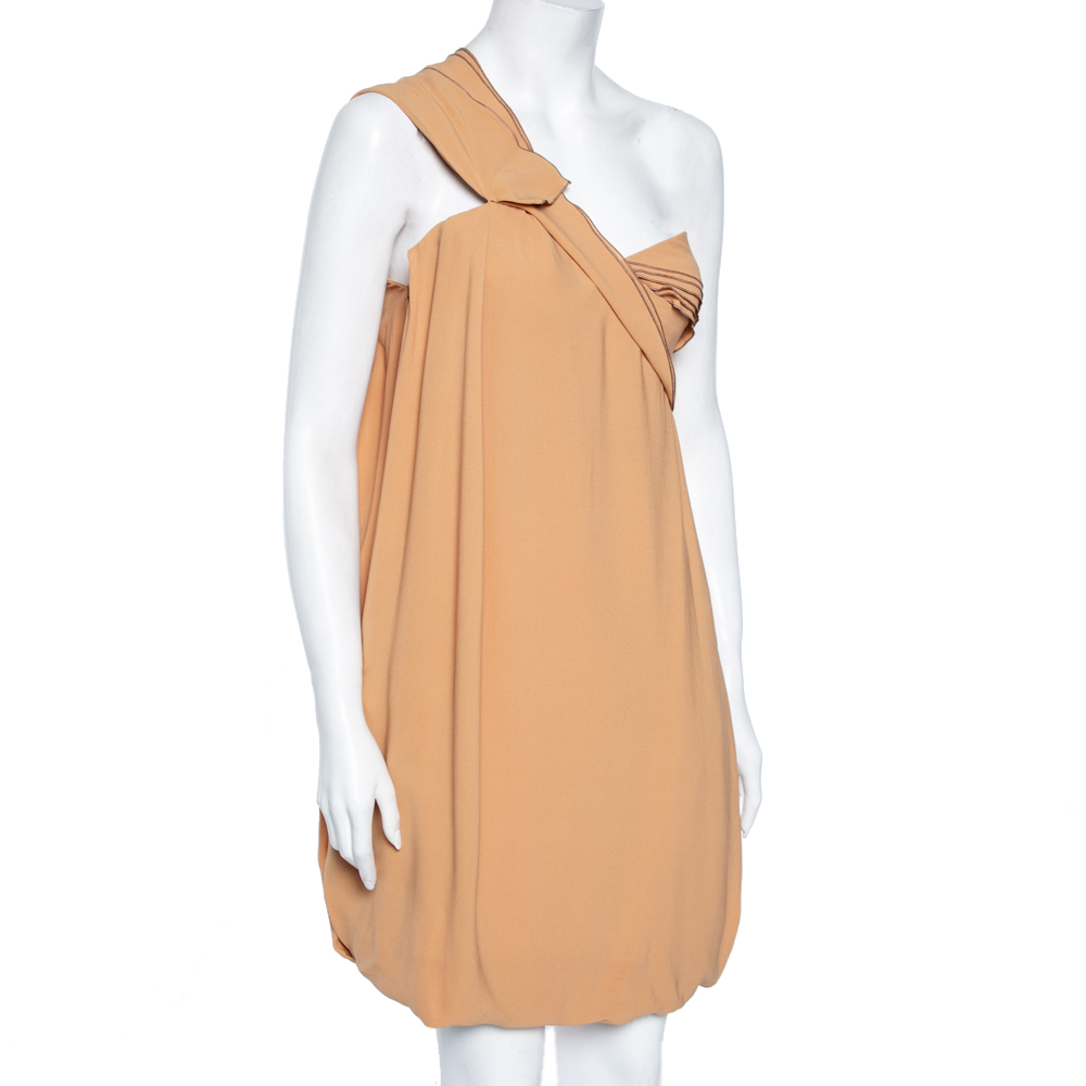 

Bottega Veneta Camel Brown Silk Chiffon One Shoulder Short Dress