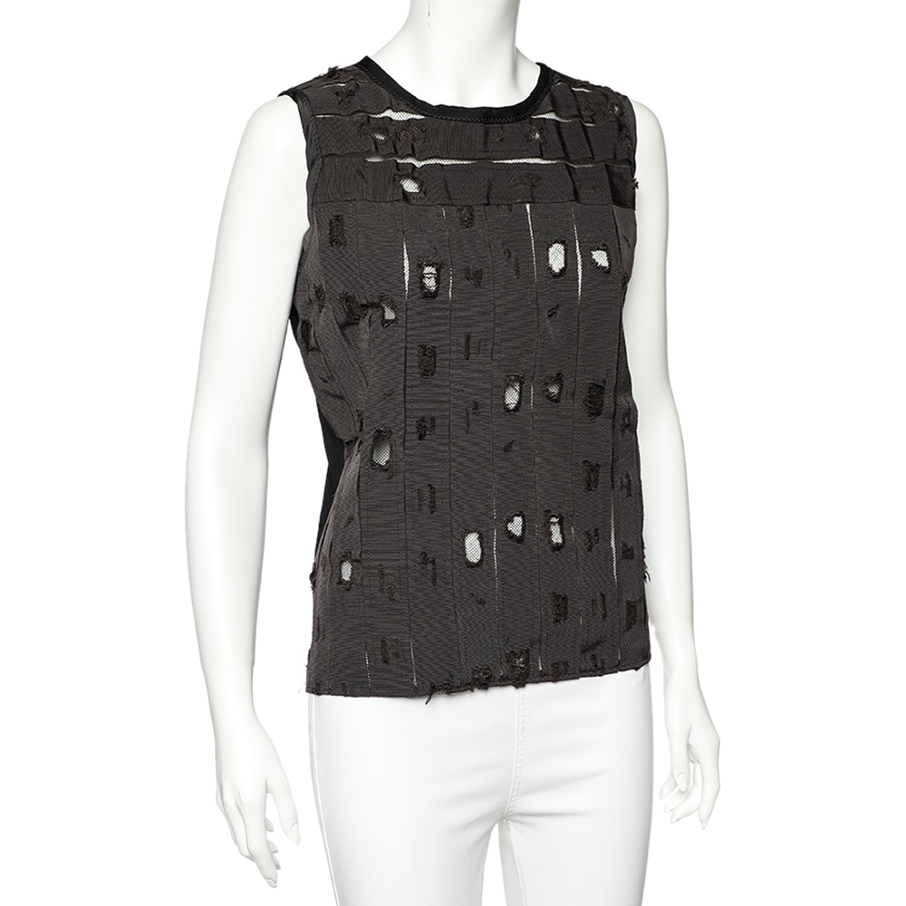 

Bottega Veneta Brown Distressed Effect Mesh Inset & Silk Paneled Top