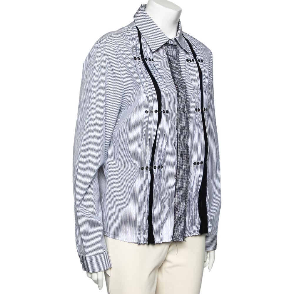 

Bottega Veneta White and Blue Striped Cotton Lace and Studded Detailed Long Sleeve Shirt